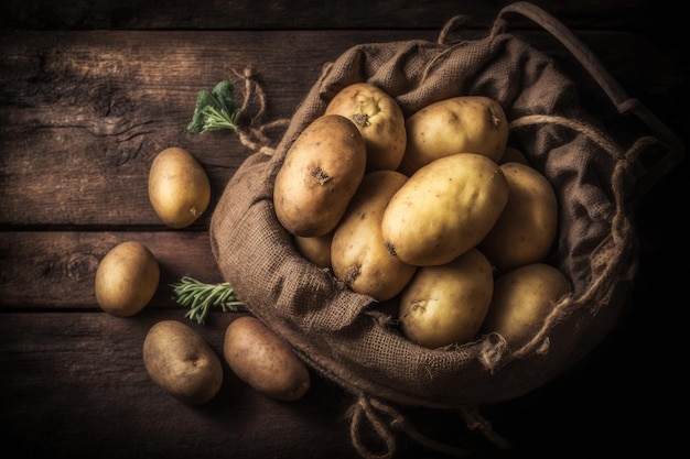 Rustic wooden table with a burlap sack filled with fresh potatoes Generative AI