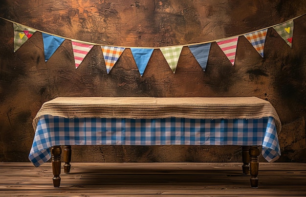 Photo rustic wooden table with checkered blue and white tablecloth and colorful bunting