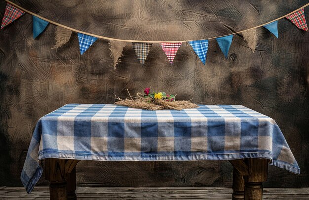 Photo rustic wooden table with checkered tablecloth and bunting flags in cozy setting