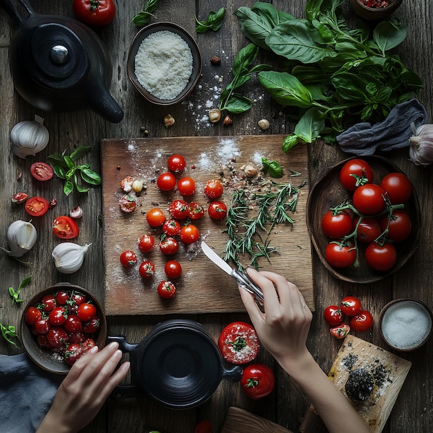 A rustic wooden table with cherry tomatoes basil rosemary garlic salt and a knife