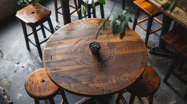 Photo rustic wooden table with circular design in cozy cafe