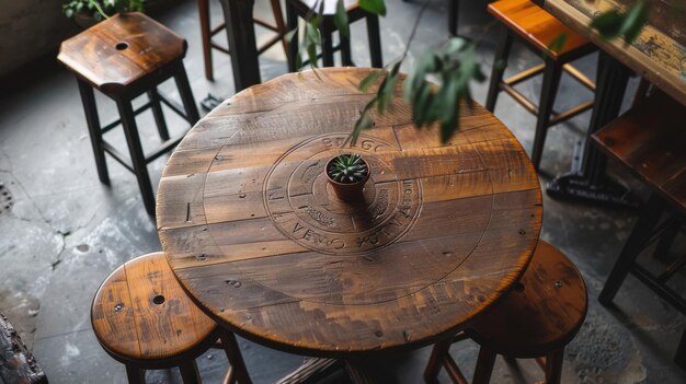 Photo rustic wooden table with circular design in cozy cafe