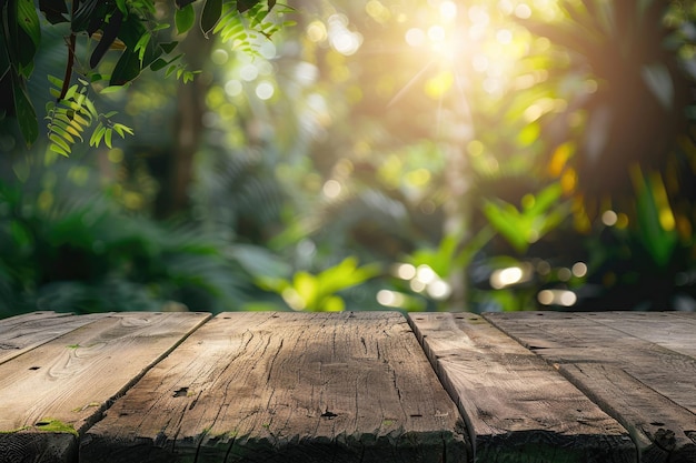 Rustic wooden table with jungle background Cheerful image