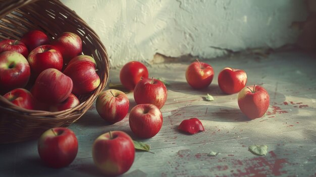 Photo a rustic wooden table with scattered red apples overflowing from a wicker basket in warm morning light