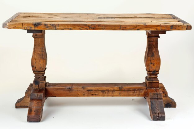 Rustic wooden table with sturdy legs perfect for farmhouse dining set against a neutral backdrop