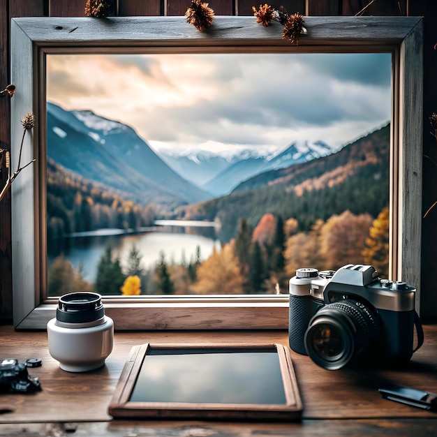 Photo a rustic wooden table with a vintage camera and a framed view of a breathtaking mountain landscape