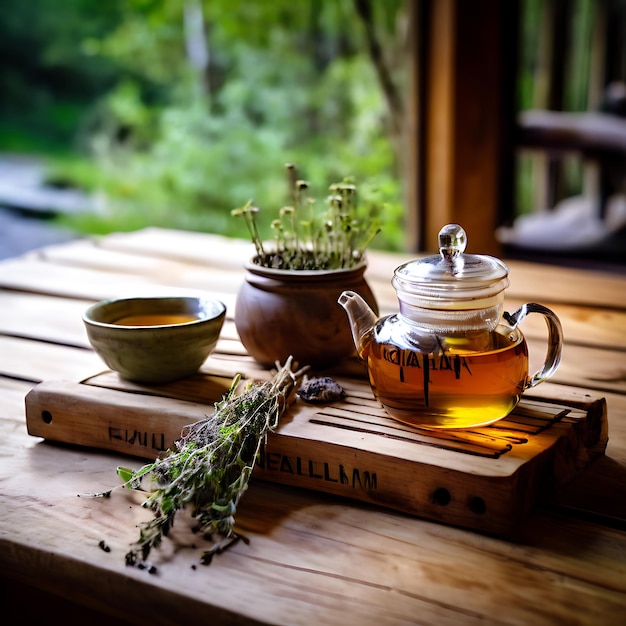 A rustic wooden table with ZenCalm Relaxation Tea and a calming herbal tea set