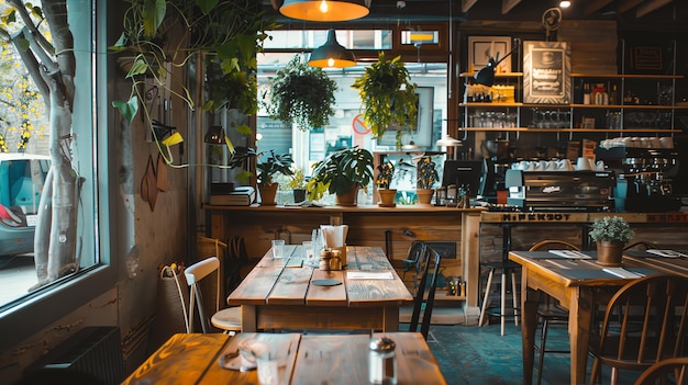 Photo rustic wooden tables and chairs in a cafe with plants hanging from the ceiling and a window looking out to the street