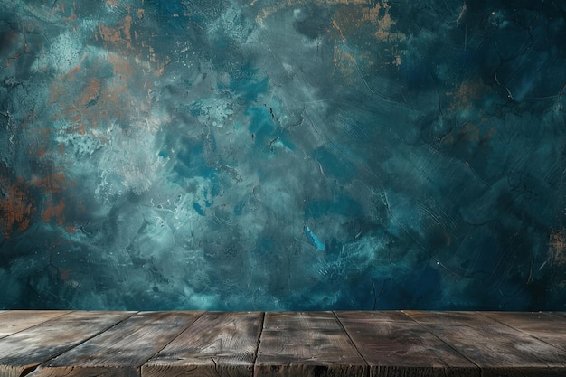 Rustic Wooden Tabletop Against a Textured Blue Wall