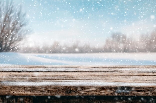 Rustic Wooden Tabletop in Snowy Winter Scene