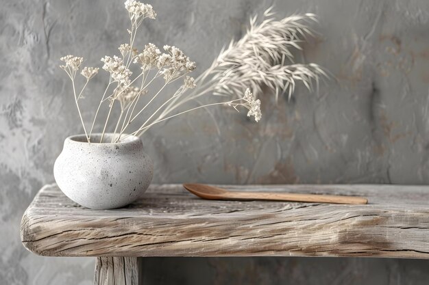 Photo rustic wooden tabletop with dried flowers in a ceramic vase