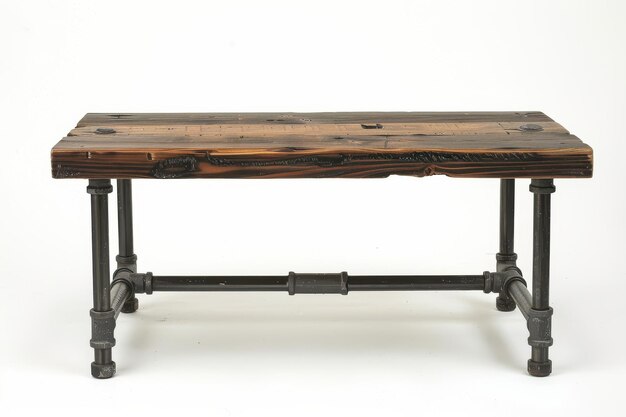 Rustic wooden tabletop with industrial metal legs showcasing a unique blend of vintage design in a contemporary setting