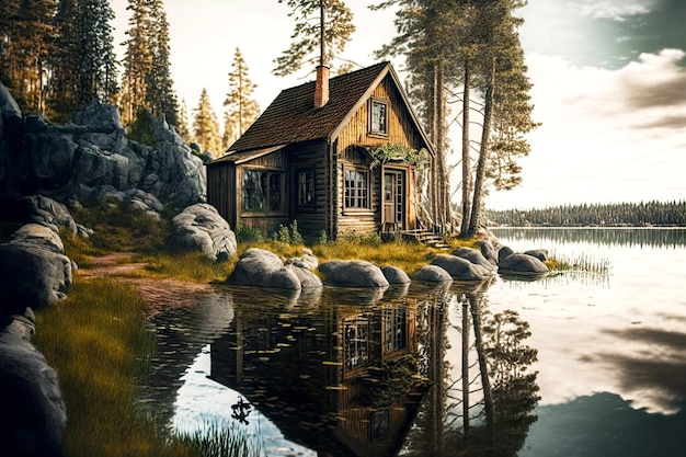 Rustic wooden tiny house on shore of lake