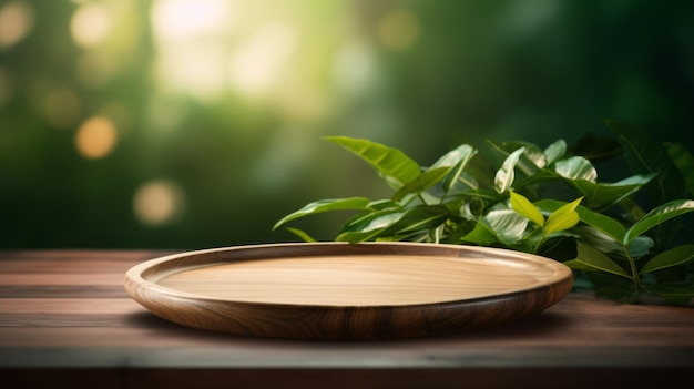 A rustic wooden tray sits on a wooden table next to a leafy green plant creating a simple yet inviting still life