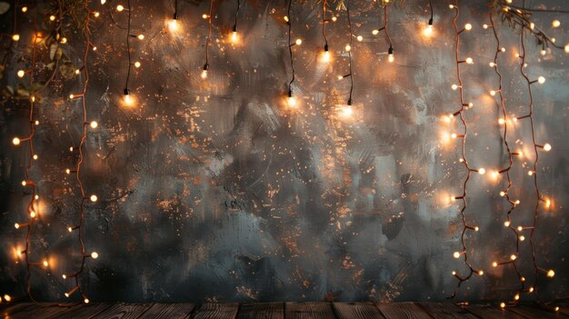 Photo a rustic wooden wall with string lights roses and petals creates a warm and romantic backdrop