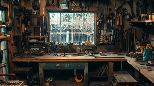 Rustic Wooden Workbench Tools in Farm Workshop Setting