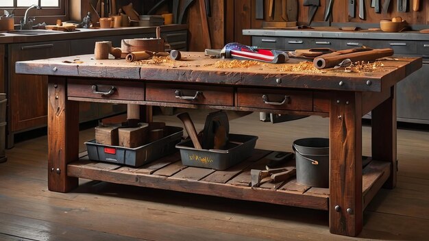 Photo rustic wooden workbench with tools and drawers