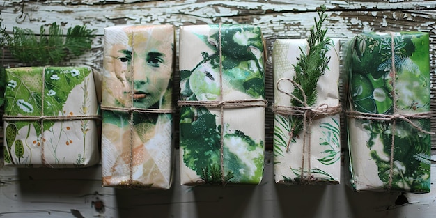 Photo rustic wrapping paper with botanical prints tied with twine displayed on a