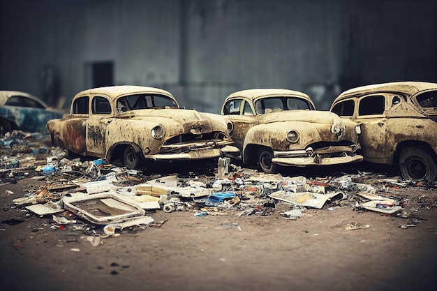 Rusting car junkyard with industrial waste garbage environment pollution