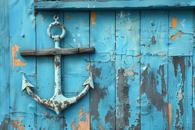 Rusty anchor on a blue door