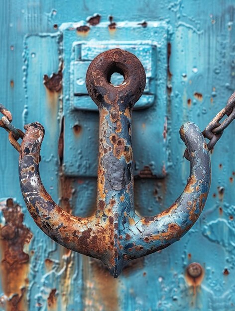 Photo rusty anchor on weathered blue background nautical decor and marine theme