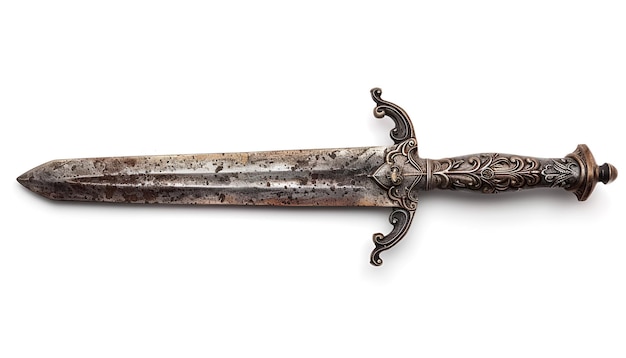 Rusty Antique Dagger with Ornate Handle Isolated on white background