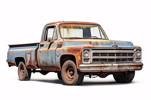 a rusty blue truck with a white background