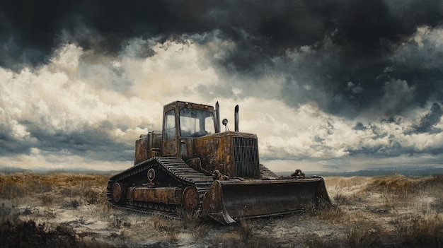 Photo a rusty bulldozer under a cloudy sky