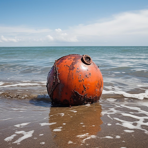 A rusty buoy sways in the waves