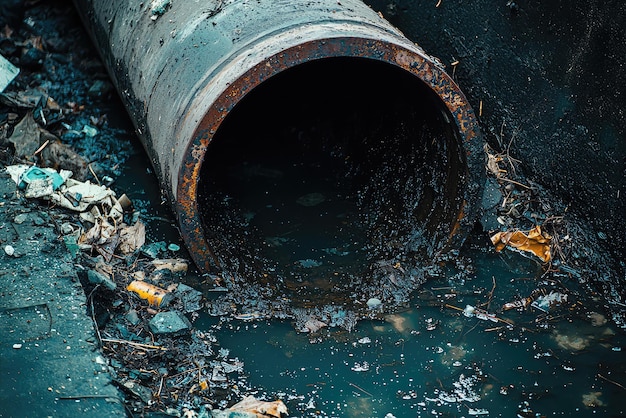 A Rusty Gateway to the Depths A glimpse into the hidden network of a citys sewer system where a large drain pipe empties into a pool of murky water littered with debris