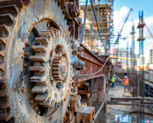 A rusty gear is shown in the foreground of a construction site