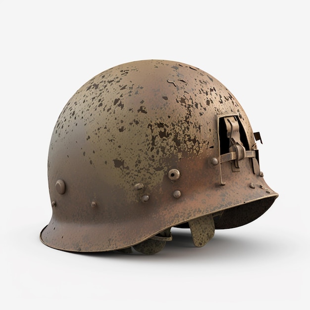 A rusty helmet with the word war on it