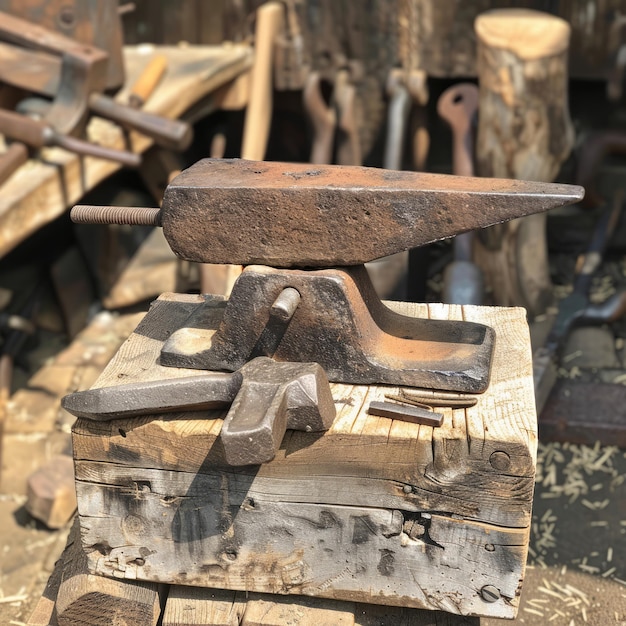 A rusty iron hammer is sitting on a wooden block