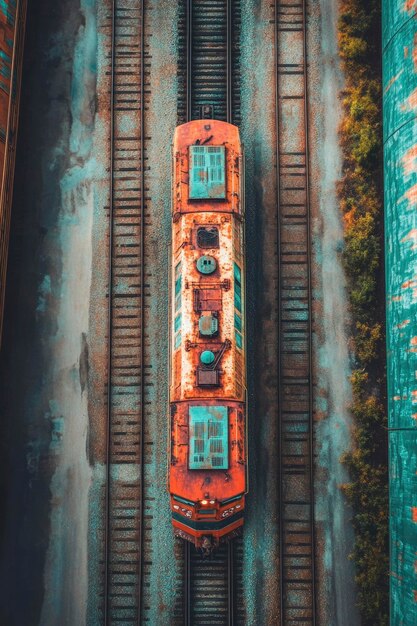 Photo rusty locomotive on train tracks viewed from above