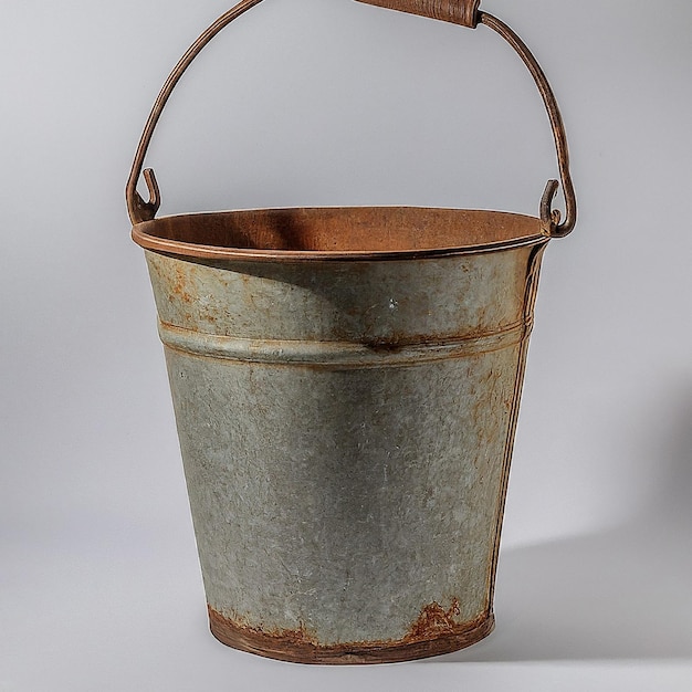 a rusty metal bucket with a handle that says rust on it