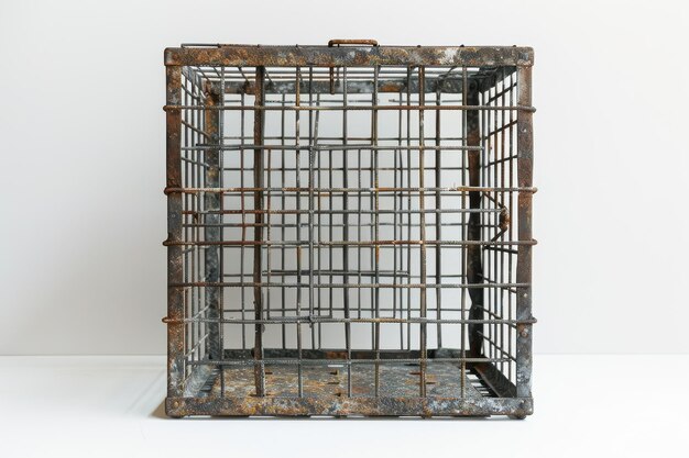 Photo rusty metal cage displayed on a plain background showcasing intricate wire design and weathered texture highlighting its age