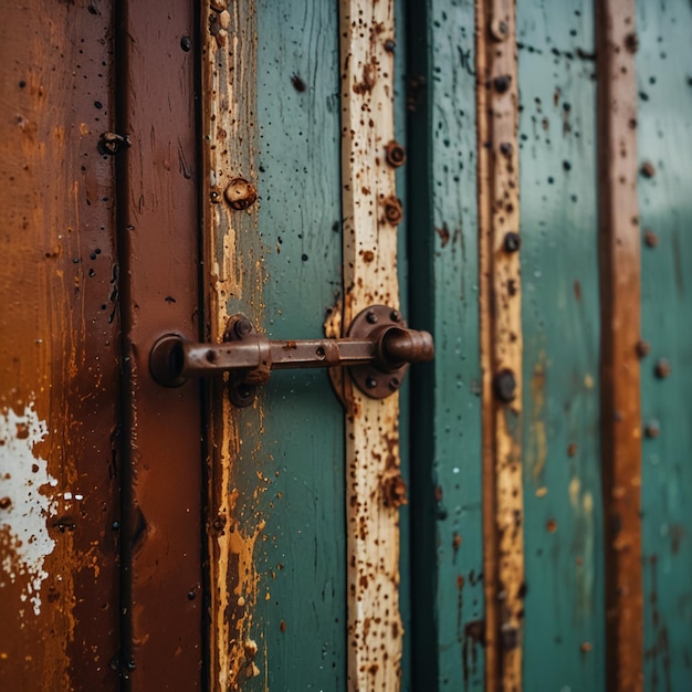 a rusty metal door with rust on it and a rusted metal bracket