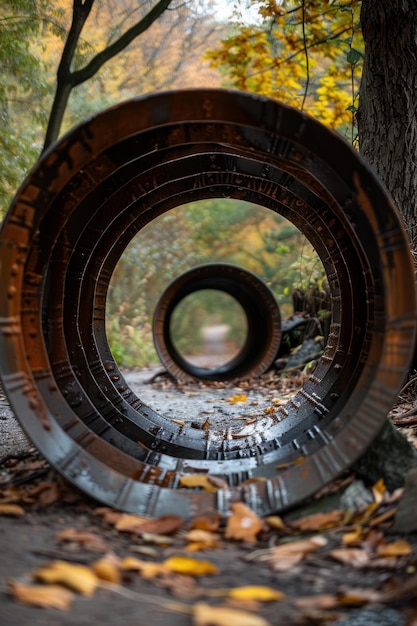 Photo rusty metal rings in forest with autumn leaves