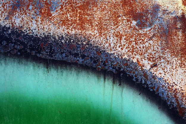 A rusty metal wall with a green stripe on it