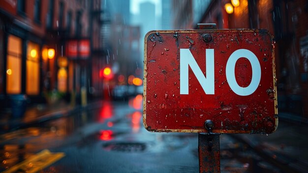 Rusty No Sign on a Rainy Urban Street with Bokeh Lights Background