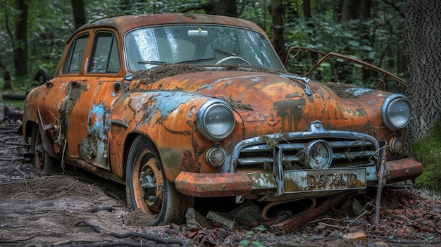 a rusty old car is parked in the woods