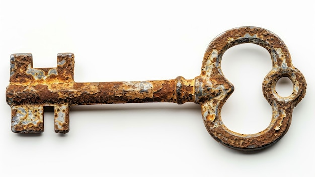 Photo a rusty old key is shown on a white background