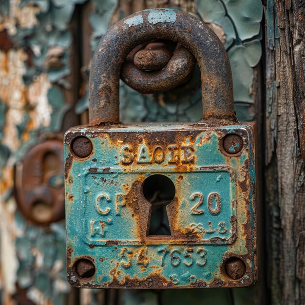 Photo rusty old lock on a wooden door