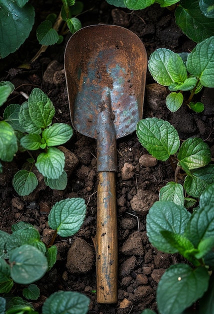 Rusty old shovel is lying on the ground among green leaves