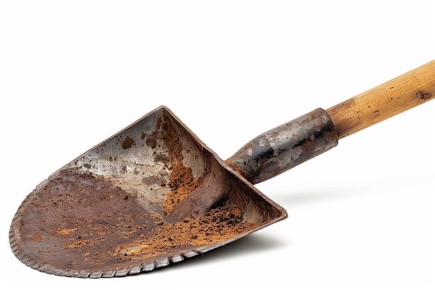 Photo a rusty old shovel with a wooden handle