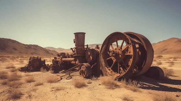 A rusty old steam engine sits in a desert.