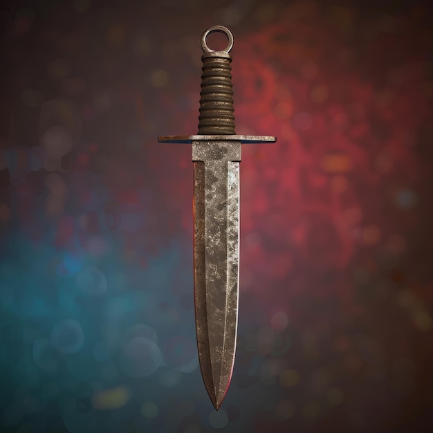 A rusty old sword is shown in a blurry image with a red background