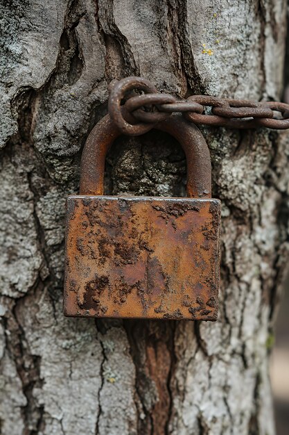 A rusty padlock attached to a tree trunk with a chain