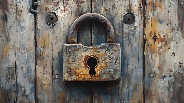 Rusty Padlock on Weathered Wooden Door