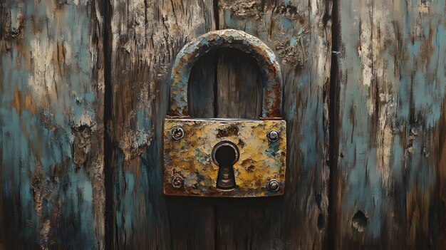 Rusty Padlock on Weathered Wooden Door